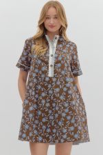 ENTRO Floral High Neck Mini Dress In Brown