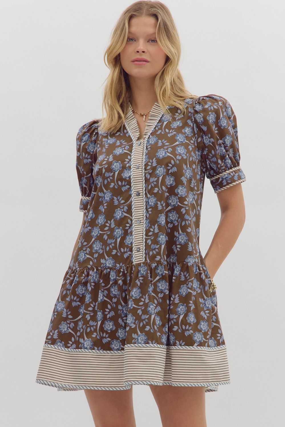 ENTRO Puff Sleeve Midi Dress With Contrast Trim Border In Brown