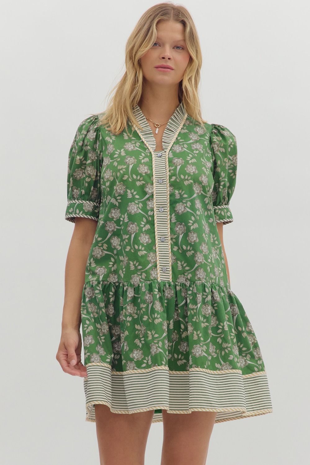 ENTRO Puff Sleeve Midi Dress With Contrast Trim Border In Green