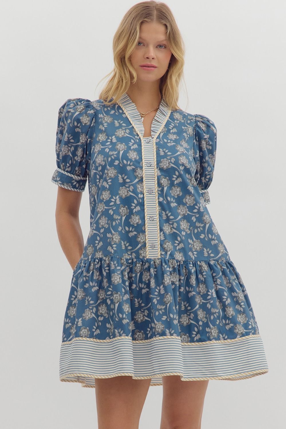 ENTRO Puff Sleeve Midi Dress With Contrast Trim Border In Teal Blue