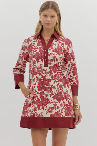 ENTRO Floral Print 3/4 Sleeve Mini Dress With Contrast Binding In Burgundy *COMING SOON*