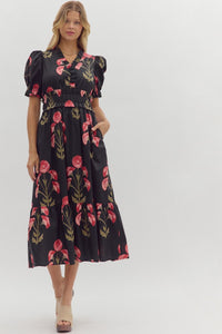 ENTRO Floral Puff Sleeve Midi Dress In Black *COMING SOON*