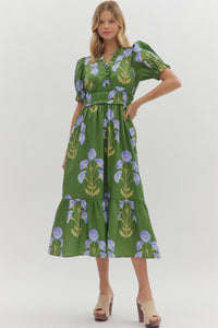 ENTRO Floral Puff Sleeve Midi Dress In Green