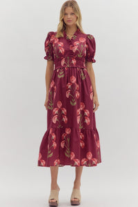 ENTRO Floral Puff Sleeve Midi Dress In Wine *COMING SOON*