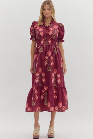 ENTRO Floral Puff Sleeve Midi Dress In Wine *COMING SOON*