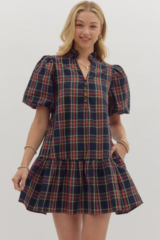 ENTRO Plaid Bubble Sleeve Mini Dress In Navy