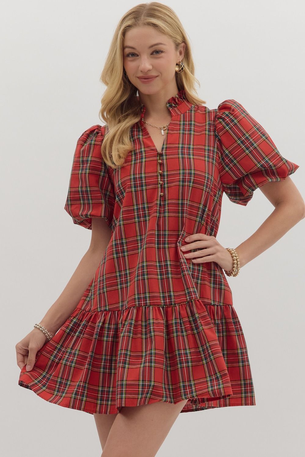 Entro Plaid Short Sleeve Bubble Sleeve Mini Dress In Red
