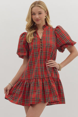 Entro Plaid Short Sleeve Bubble Sleeve Mini Dress In Red *COMING SOON*