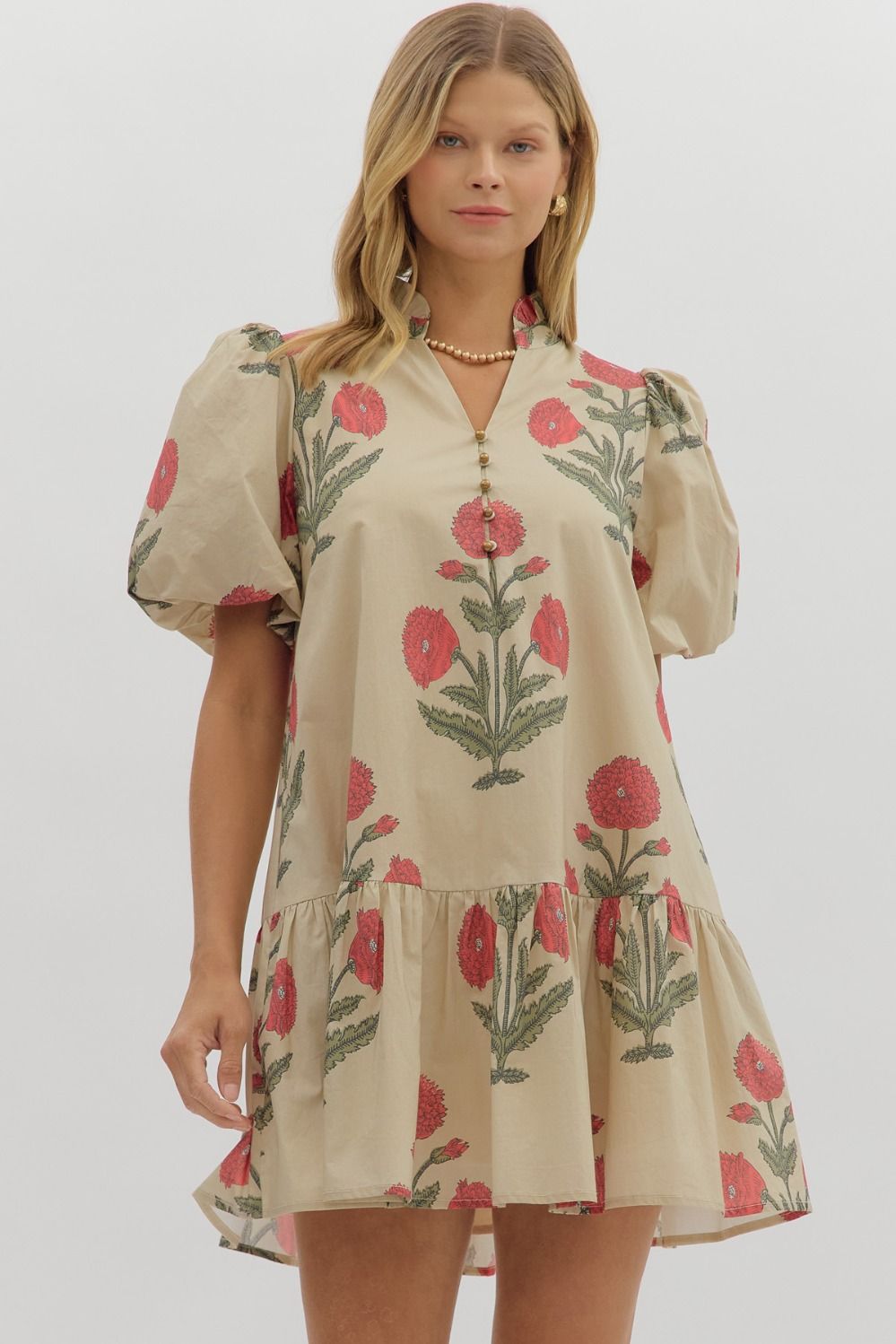 ENTRO Floral Mini Dress With Bubble Sleeve & Ruffle Hem In Ecru *COMING SOON*