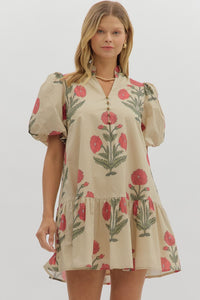 ENTRO Floral Mini Dress With Bubble Sleeve & Ruffle Hem In Ecru *COMING SOON*