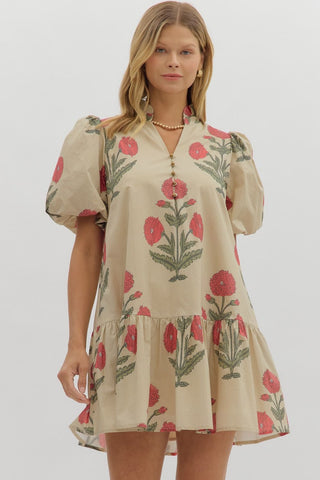 ENTRO Floral Mini Dress With Bubble Sleeve & Ruffle Hem In Ecru *COMING SOON*