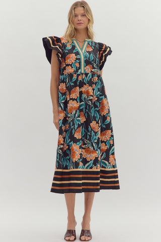 ENTRO Floral Flutter Sleeve Midi Dress In Black