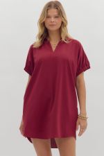 ENTRO Solid V Neck Mini Dress In Burgundy