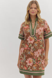 ENTRO Floral Caftan Mini Dress In Brown