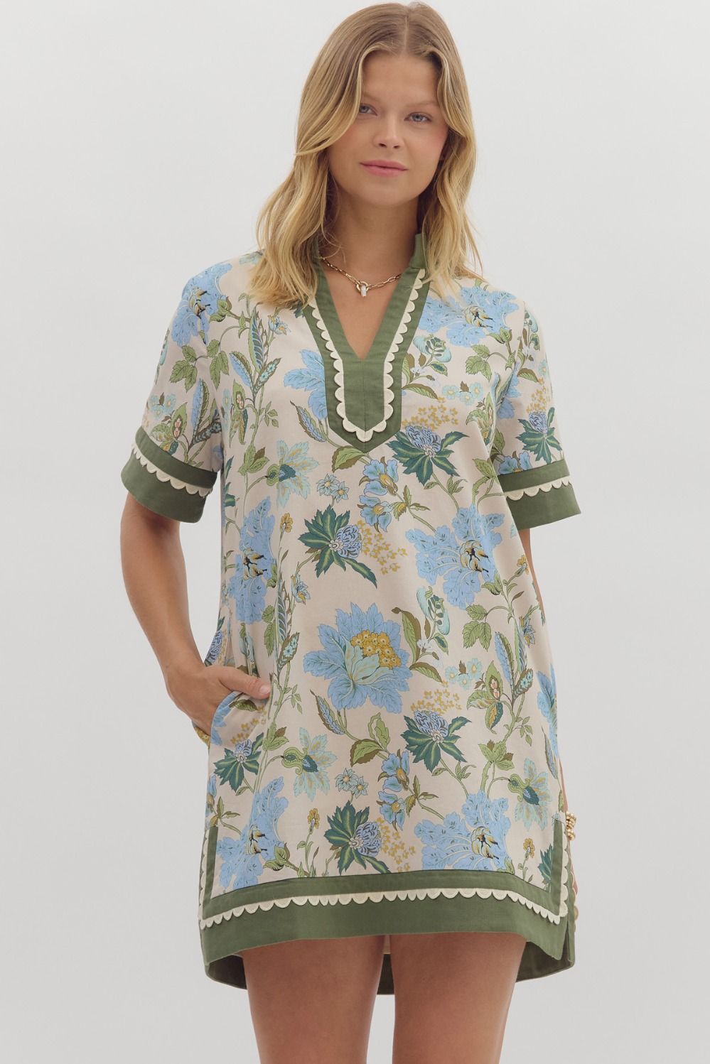 ENTRO Floral Caftan Mini Dress In Ecru