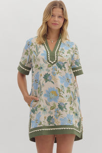 ENTRO Floral Caftan Mini Dress In Ecru