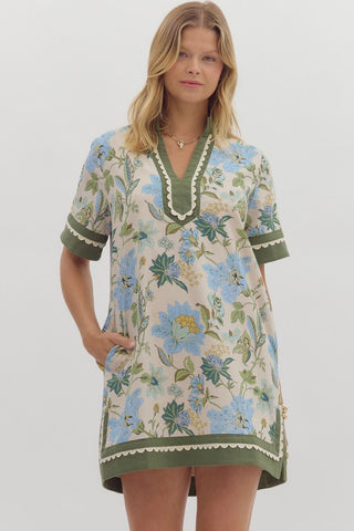 ENTRO Floral Caftan Mini Dress In Ecru