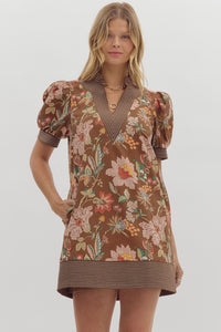 Entro Floral Stitch Accent Mini Dress In Brown  *COMING SOON*
