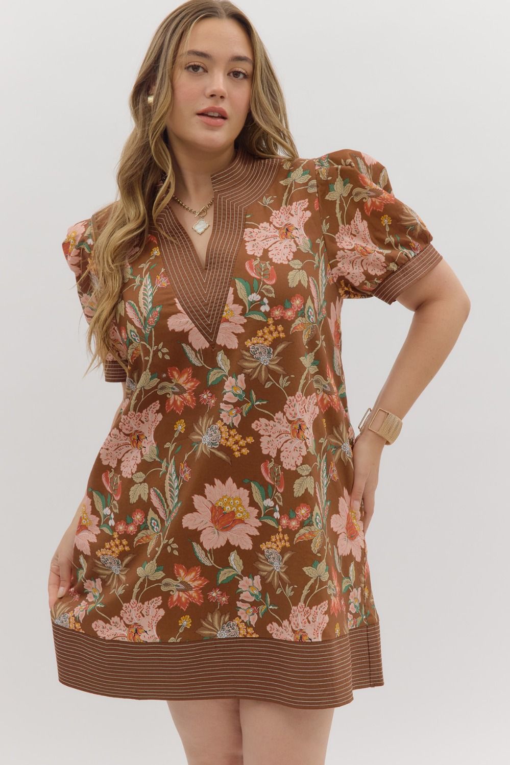 Entro Floral Stitch Accent Mini Dress In Brown PLUS Sizes