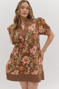 Entro Floral Stitch Accent Mini Dress In Brown PLUS Sizes