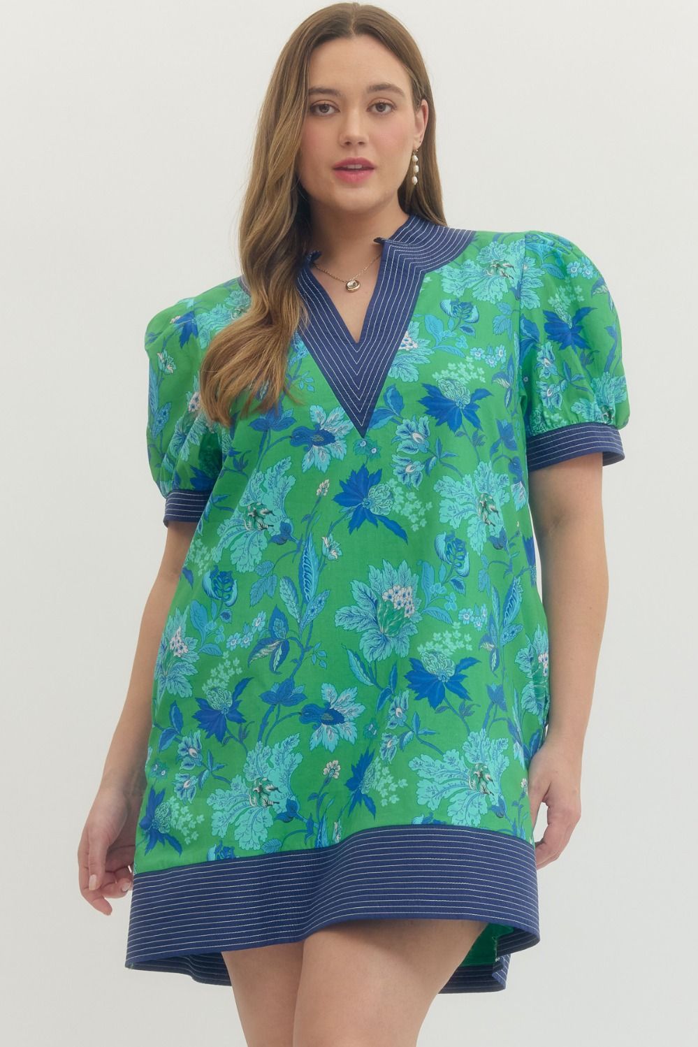 Entro Floral Mini Dress With Stitch Accent Trim In Green PLUS Sizes