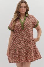 Entro Abstract Ruffle Hem Mini Dress PLUS Sizes In Terra Cotta