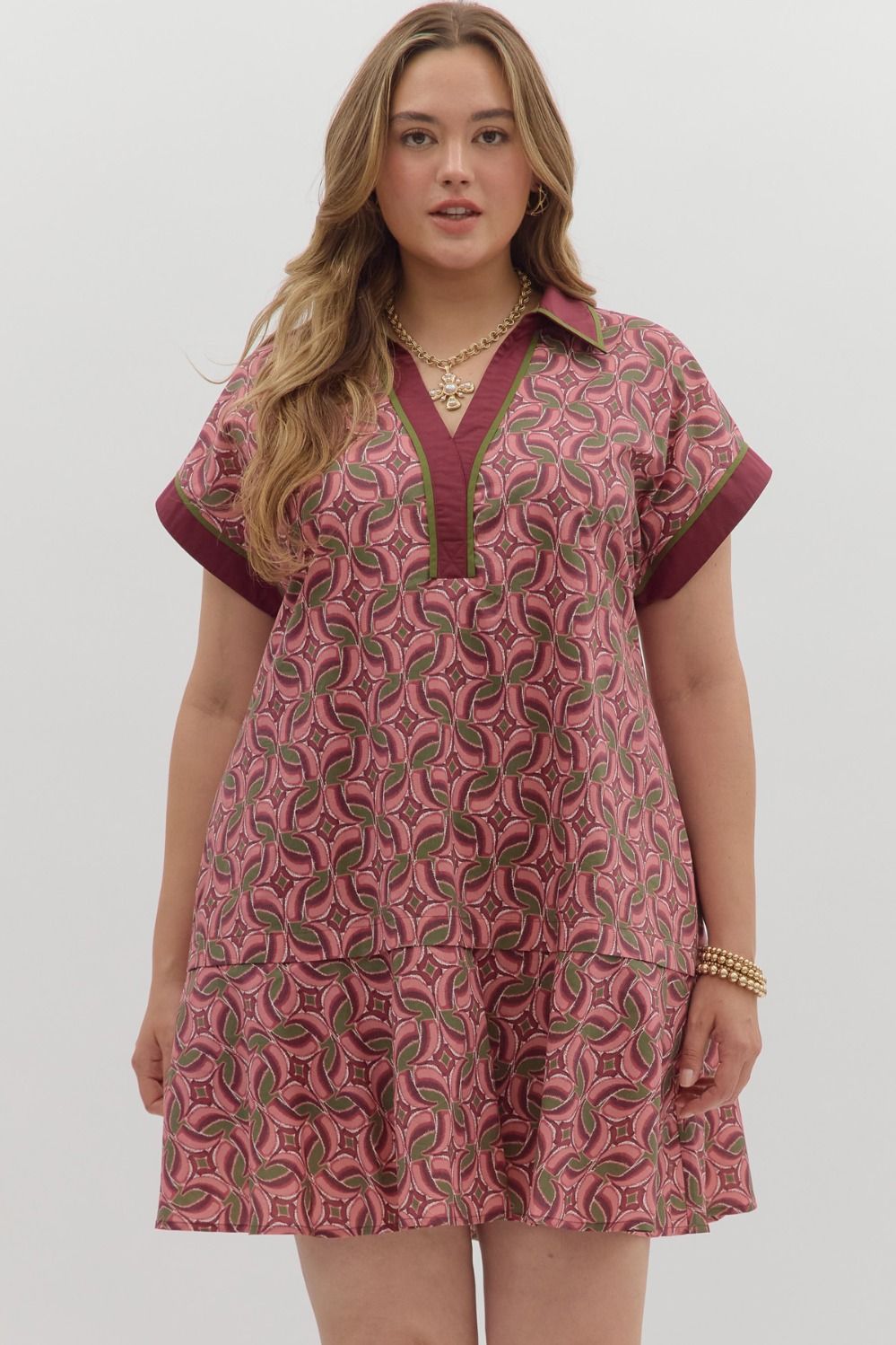 Entro Abstract Flounce Hem Mini Dress In Wine PLUS Sizes