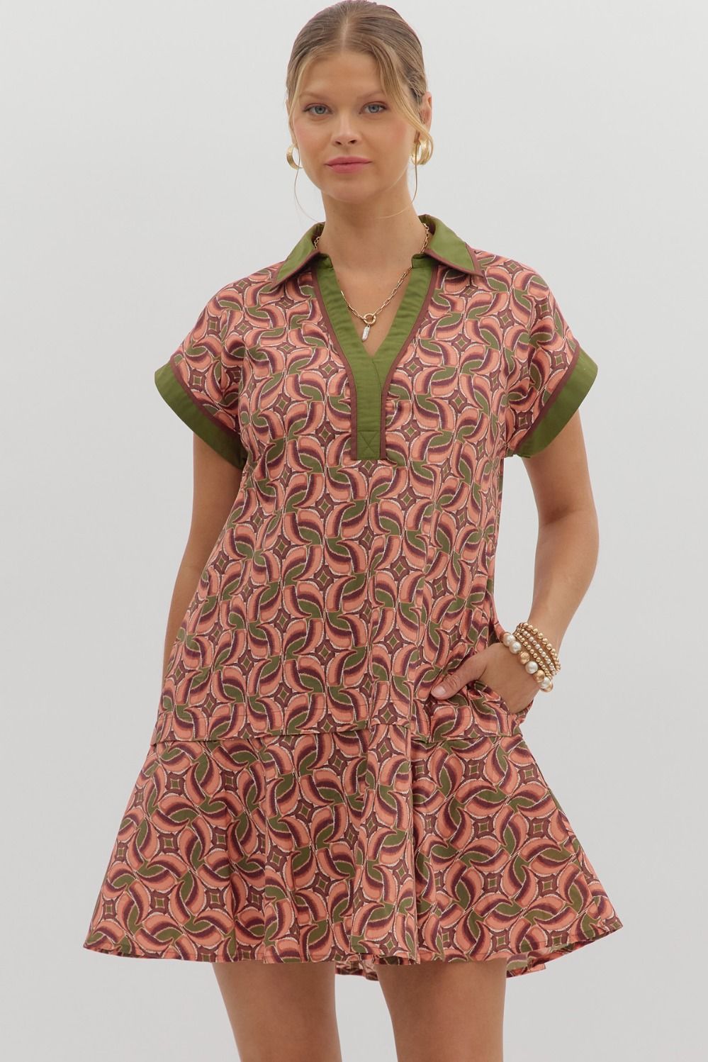 ENTRO Abstract Flounce Ruffle Hem Mini Dress In Terra Cotta