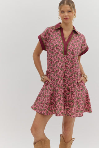 ENTRO Abstract Flounce Ruffle Hem Mini Dress In Wine