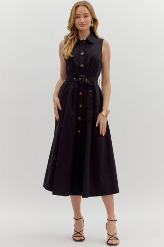 ENTRO Pleated Button Front Belt Waist Midi Dress In Black *COMING SOON*