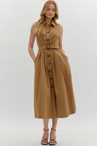ENTRO Pleated Button Front Belt Waist Midi Dress In Brown *COMING SOON*