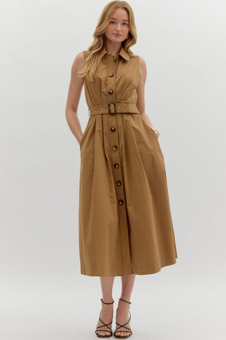 ENTRO Pleated Button Front Belt Waist Midi Dress In Brown *COMING SOON*