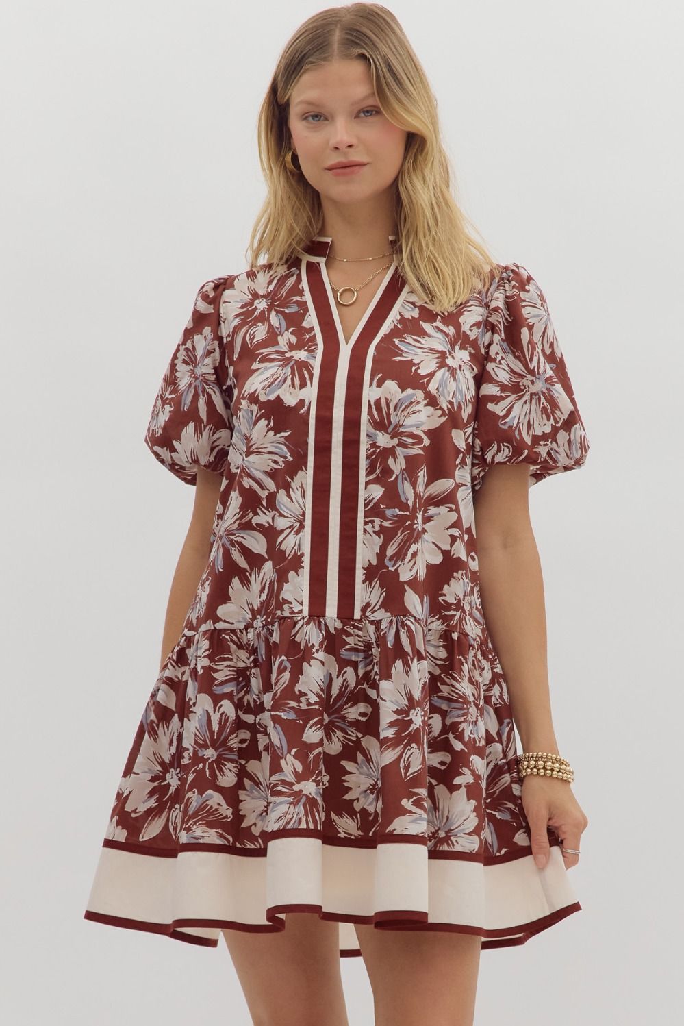 ENTRO Accent Trim Neck & Hem Mini Dress In Burgundy