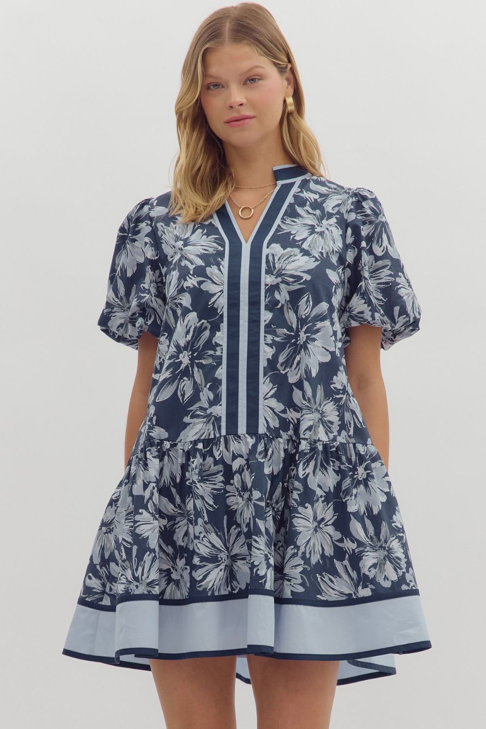 ENTRO Accent Trim Neck & Hem Mini Dress In Navy