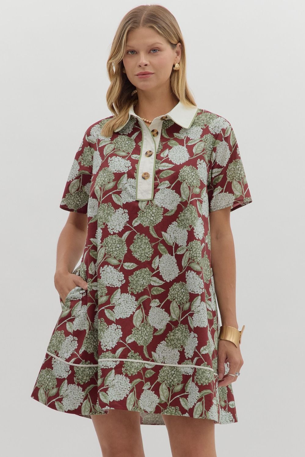 ENTRO Floral Mini Dress With Collar Button In Burgundy