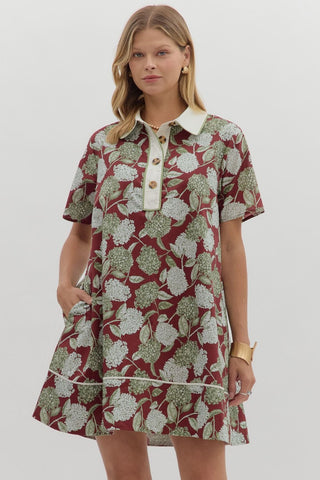 ENTRO Floral Mini Dress With Collar Button In Burgundy *COMING SOON*
