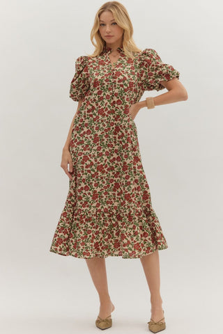 ENTRO Small Floral Bubble Sleeve Midi Dress In Ecru *COMING SOON*