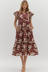ENTRO Floral Flutter Sleeve Midi Dress In Wine