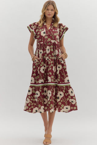 ENTRO Floral Flutter Sleeve Midi Dress In Wine