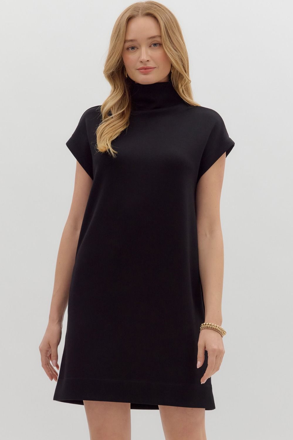 ENTRO Solid Jersey Mock Neck Mini Dress In Black