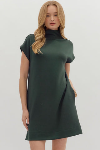 ENTRO Solid Jersey Mock Neck Mini Dress In Dark Green