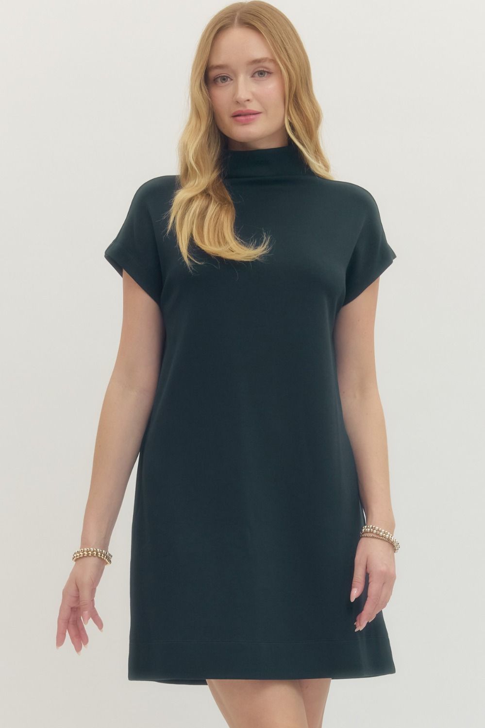 ENTRO Solid Jersey Mock Neck Mini Dress In Navy