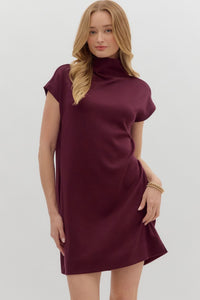 ENTRO Solid Jersey Mock Neck Mini Dress In Wine