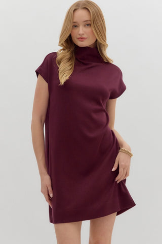 ENTRO Solid Jersey Mock Neck Mini Dress In Wine