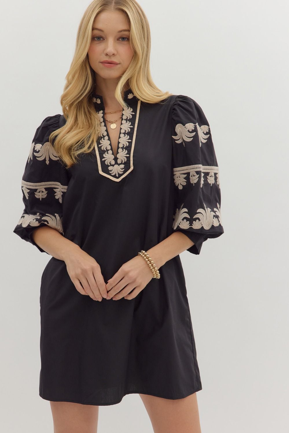 Entro Solid Puff Sleeve Mini Dress With Embroidered Sleeves In Black *COMING SOON*