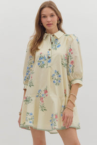 ENTRO Entro Floral Cuff3/4 Sleeve Mini Dress In Cream