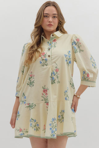 Entro Floral Cuff 3/4 Sleeve Mini Dress In Cream PLUS Sizes