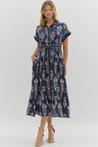 ENTRO Botanical Tie Waist Dress In Navy