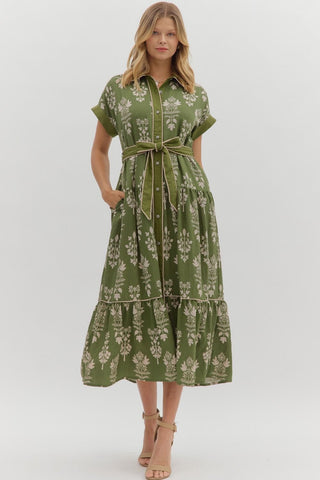 ENTRO Botanical Tie Waist Dress In Olive