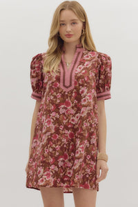 ENTRO Floral Puff Sleeve Mini Dress In Chocolate